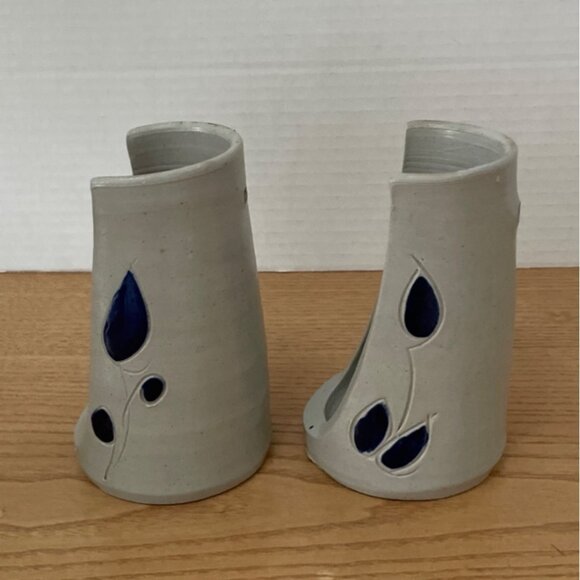 Williamsburg Pottery Ceramic Candle Holders Wall Sconces Blue Leaf Salt Glaze - Picture 4 of 9